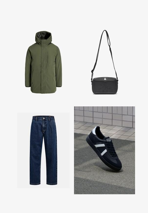 Olive green insulated parka jacket with a high collar, hood, and zippered chest pocket. Features smooth texture and minimalist design.; Cream cotton t-shirt with short sleeves and a crew neckline. Features a graphic print in blue and red with text and a motif.; Dark blue denim jeans with a straight-leg design. Features visible stitching, a button closure, and front pleats for added detail.; Black leather sneaker with white stripes, textured rubber sole, and lace-up front. Features a branded label on the tongue.; Black leather crossbody bag with a zip closure, embossed logo on the front, and adjustable strap. Smooth texture with a rectangular shape.