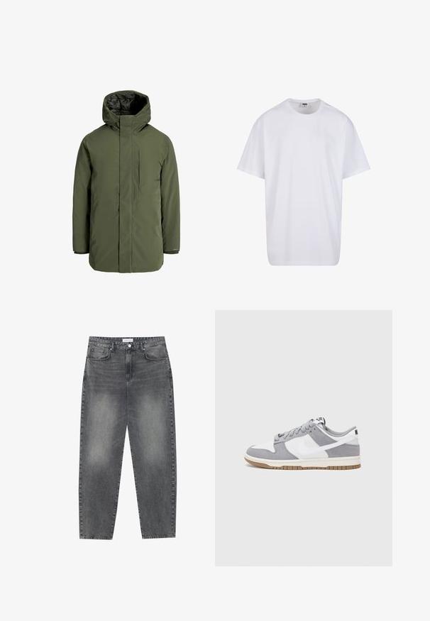 Olijfgroene geïsoleerde parka met een hoge kraag, capuchon en een ritszak op de borst. Heeft een soepele textuur en een minimalistisch ontwerp.; Witte katoenen t-shirt met korte mouwen, ronde hals, relaxte pasvorm en zonder zichtbare logo's of patronen. Gladde textuur en minimalistisch ontwerp.; Hoge taille, losvallende jeans van vervaagd zwart denim. Beschikt over vijf zakken, riemlussen en een schone, rechte broekspijp ontwerp.; Grijze en witte sneaker met een bovenwerk van suede en leer, ronde neus, platte veters en een rubberen zool met een gumaccent.