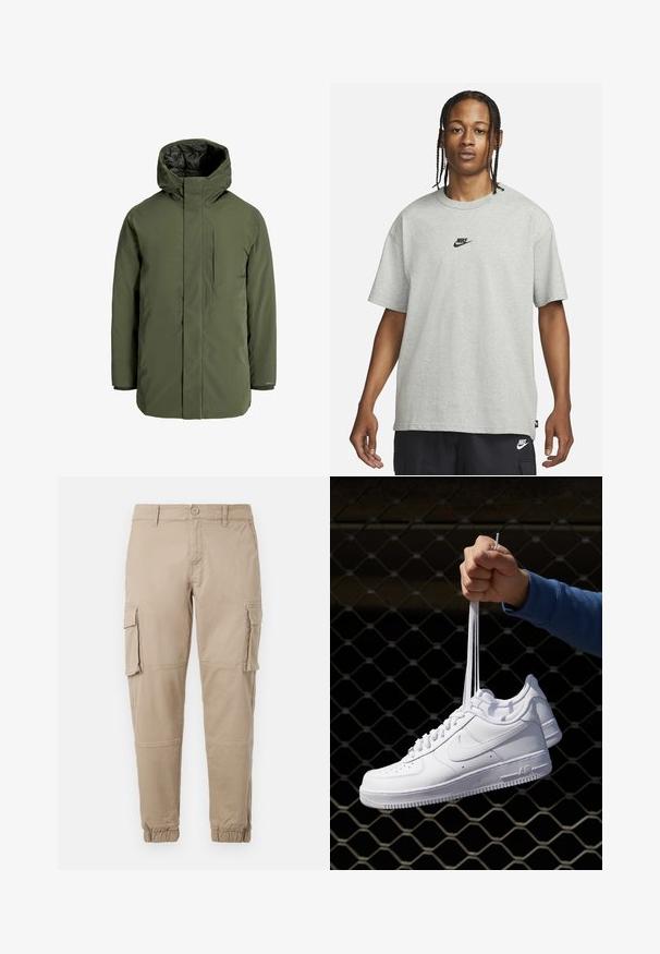 Olivnozeleni izolirani parka plašč z visokim ovratnikom, kapuco in žepom na zadrgo na prsih. Ima gladko teksturo in minimalističen dizajn.; Mlad človek z zasebnimi lasmi, oblečen v svetlo sivo majico Nike in črne kratke hlače Nike pred enostavno belo kuliso.; Bežne cargo hlače iz lahkega bombažnega materiala. Imajo elastične manšete, več stranskih žepov in gumbasto zapiranje.; Bela usnjena športna obutev s perforacijami, okroglo konico, ravnim podplatom in debelimi vezalkami, z vidnim logotipom smoosh in napisom "AIR" na peti.