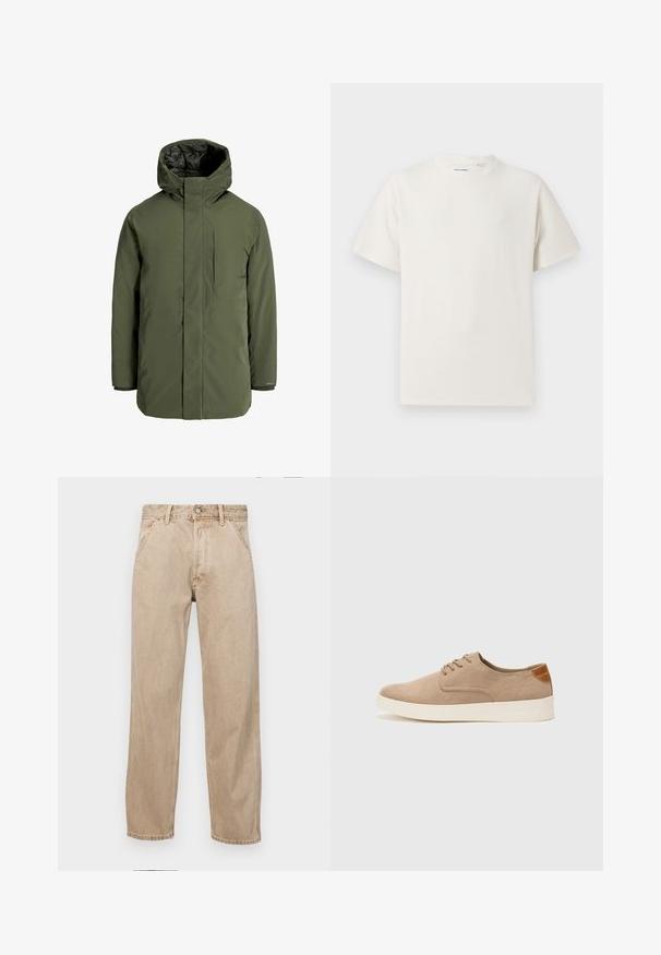 Parka isolante verde oliva con colletto alto, cappuccio e tasca sul petto con zip. Presenta una texture liscia e un design minimalista.; T-shirt bianca a maniche corte in texture a coste. Girocollo, vestibilità rilassata, senza modelli o accenti visibili. Design semplice e versatile.; Jeans in denim beige con un design a gamba dritta, dotati di tasche frontali, chiusura con bottone metallico e una texture delicata.; Sneaker in suede beige con punta arrotondata, stringhe davanti e un accento testurizzato sul retro. La suola in gomma bianca offre un contrasto. Design semplice e moderno.