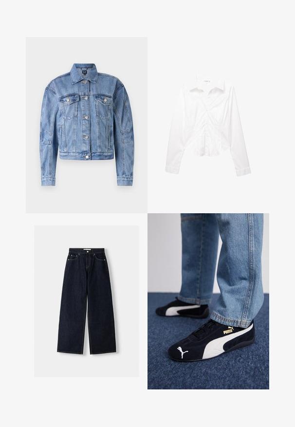 Svijetloplavi traper jakna s krojenjem na visini struka, džepovima na prsima, srebrnim gumbima i šivanjem na rukavima i tijelu. Klasični ovratnik.; Bijela dugorukava ženska košulja prilagođenog kroja s kragnom, s blagim detaljima šavova i lagano zakrivljenim rubom.; Tamno plavi traper široki traperice viskog struka, s pet džepova, kontrastnim šavovima i srebrnim metalnim detaljima. Glatka tekstura i čista obrada.; Crne suede tenisice s bijelim detaljima, s zlatnim logotipom. Nosene su s svijetloplavim trapericama i postavljene na teksturiranoj plavoj podlozi.