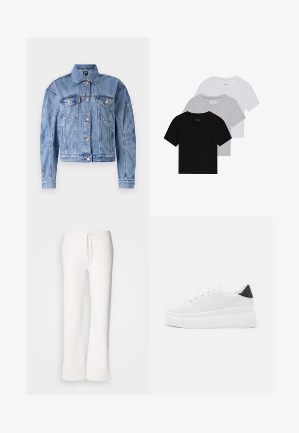 Hele sinise denim jakki lühendatud disainiga, rinnataskudega, hõbedaste nuppudega ja õlavarre ning keha peal õmmeldud detailidega. Klassikalise krae stiil.; Kollektsioon kolm lühikese varrukaga T-särki mustas, hallis ja valges värvitoonis. Valmistatud puuvillast, ümmarguse kaelusega ja lihtsa, ühevärvilise disainiga.; Valged, mugavad spordipüksid, mis on valmistatud pehmest kangast, elastse talje ja nööridega, sirgete jalgadega disainiga.; Valged platvormsneakerid, mis on valmistatud siledast sünteetilisest materjalist, ovaalse toe, paelkinnise disaini ja tekstuurse kummitaldiga. Must kontsrihm.