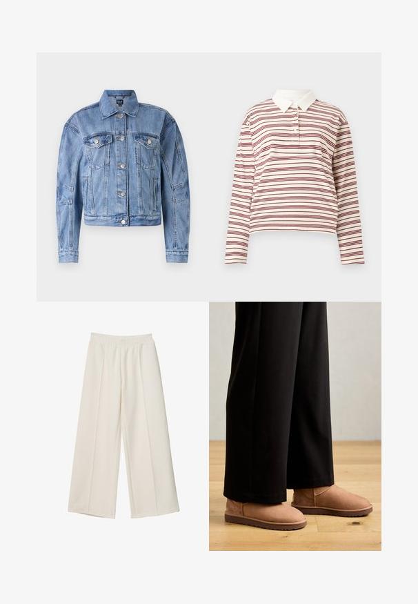 Svetlo modra denim jakna s skrajšanim dizajnom, žepoma na prsih, srebrnimi gumbi in šivanimi detajli na rokavih in telesu. Klasičen ovratnik.; Polo majica s dolgimi rokavi v smetanasti barvi z tankimi maroon črtami, s klasičnim ovratnikom in tri gumbi na zapenjanju, izdelana iz mehkega materiala.; Široke hlače kremaste barve z elastičnim pasom in sprednjim šivom, izdelane iz gladkega materiala.; Rjave nubuk škornje do gležnjev z ravnim gumijastim podplatovom, zaobljenim nosom in minimalnim šivanjem, oblečene z črnimi širokimi hlačami na leseni tlaki.