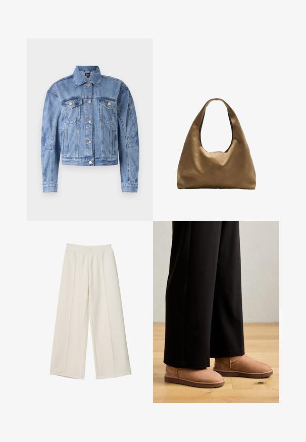 Vaaleansininen farkkutakki, jossa on lyhennetty muotoilu, rintataskut, hopeiset napit ja ommeltu koristelu hihoissa ja vartalossa. Klassinen kaulustyyli.; Pitkähihaista polo-paitaa vaaleassa kermassa, jossa on ohuita tummanpunaisia raitoja. Paidassa on klassinen kaulus ja kolmonen napitus, ja se on valmistettu pehmeästä kankaasta.; Valkoiset leveälahkeiset housut, joissa on joustava vyötärö ja etusauman yksityiskohdat, valmistettu sileästä kankaasta.; Ruske mokasine sa ravnim gumennim đonom, zaobljenim vrhom i minimalnim šavovima, uparene s crnim hlačama širokih nogavica na drvenom podu.; Ruskea kangaskassi, jossa on leveä, pyöristetty muoto ja suuri leikattu kahva. Pehmeä pinta, minimalistinen muotoilu ja ei näkyvää metalliosaa.