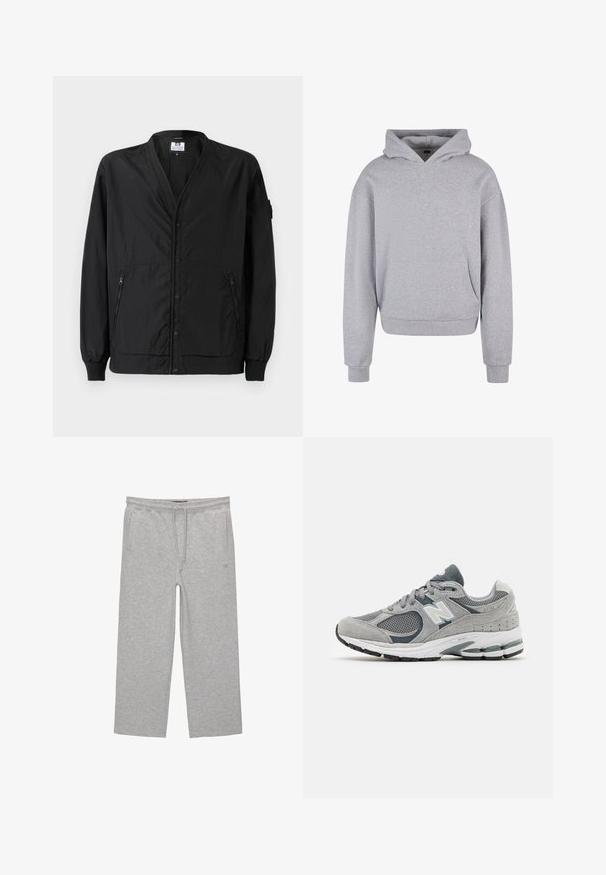 Jachetă ușoară neagră cu închidere cu nasturi, manșete ribbate și două buzunare laterale cu fermoar. Are un croi lejer și o textură netedă.; Hanorac gri din bumbac, cu un buzunar frontal, glugă cu șnur și manșete și tiv din material ribbed. Are un finisaj moale și texturat.; Pantaloni de lounge gri din bumbac, cu un brâu elastic, șnur și două buzunare laterale; design cu picior drept, textură moale, fără modele.; Tenis gri din materiale din plasă și suede, având un logo alb, guler căptușit și o talpă din cauciuc texturată. Accente în gri închis.