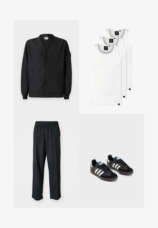 Juodas lengvas džemperis su sagomis priekyje, sutrauktomis rankovėmis ir dviem užtrauktukais šonuose. Siūlo laisvą siluetą ir sklandžią tekstūrą.; Trys balti, dryžuoti marškiniai be rankovių, pagaminti iš medvilnės. Yra apvalus kaklas ir maži juodi etiketės netoli siūlės. Siūlomi įvairių dydžių.; Juodi sportiniai kelnių modeliai su elastinga juosmena, pagaminti iš šiurkščios medžiagos, su subtiliomis šoninėmis siūlėmis ir laisva, tiesia koja.; Juodi sportiniai bateliai su zomšos ir sintetine viršutine dalimi, turintys tris baltas juosteles, tekstūruotą gumos pado paviršių ir mėlyną logotipo etiketę ant liežuvėlio.