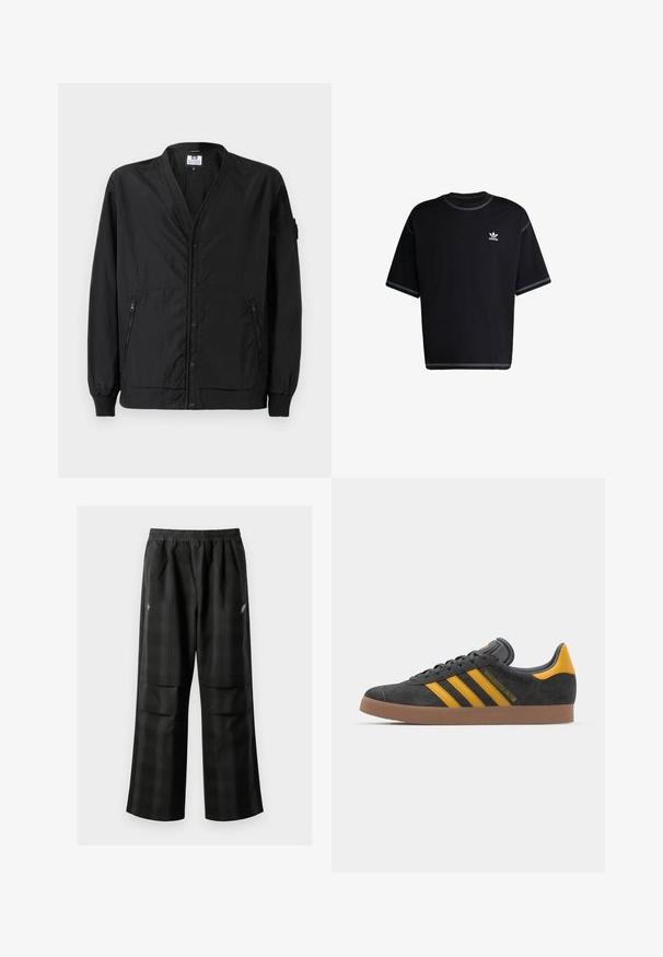 Black lightweight jacket with a buttoned front, ribbed cuffs, and two zippered side pockets. Features a relaxed fit and smooth texture.; Black cotton t-shirt with short sleeves. Features a round neck and white stitching accents. Small white Adidas logo on the left chest.; Black plaid pants featuring an elastic waistband, two front pockets, and a loose fit with a straight leg design. Made from lightweight material.; Black suede sneaker with yellow accents, featuring three stripes and a brown rubber sole. Includes a padded tongue for comfort.