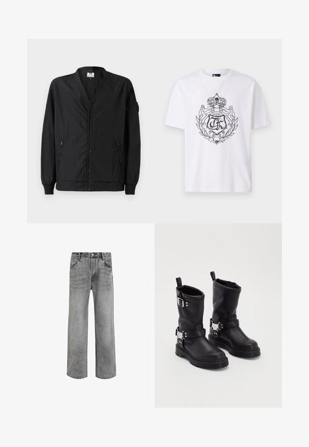 Svart lett jakke med knappestilling foran, ribbede mansjetter og to glidelåslommer på sidene. Har en avslappet passform og myk tekstur.; Hvit bomulls t-skjorte med svart grafisk design som inkluderer en krone og laurbærblader, samt teksten "The Kooples" tydelig vist.; Grå denimjeans med rett ben, høy midje, fem lommer og falmet tekstur. Har trykknappsgjæring og beltehemper.; Sorte lær ankelsko med en solid såle, som har en sidelukking med spenne og dekorativt metall. Glatt tekstur med løftestropp.