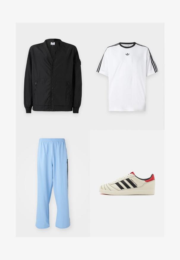 Fekete, könnyű dzseki gombos elülső részével, bordás mandzsettákkal és két cipzáras oldalzsebbel. Lazább szabású és sima tapintású.; Fehér pamut póló, fekete kerek nyakkal, mindkét vállán három fekete csíkkal. Kis fekete logó a mellkason.; Világoskék sportnadrág sima anyagból, elasztikus derékrésszel és kontrasztos fekete oldalsávokkal.; Krém színű bőr sportcipők fekete csíkokkal, piros sarokdíszítéssel és texturált részletekkel. Gumi talppal és fűzős záródással rendelkezik.