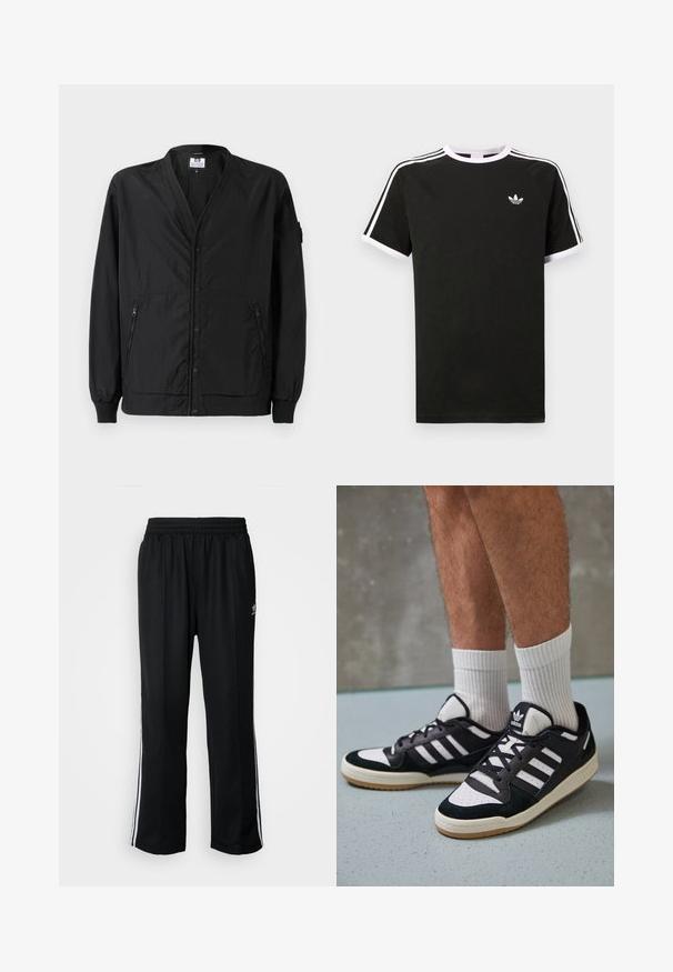Melnā vieglā jaka ar pogām priekšpusē, ribotām aprocēm un divām ar rāvējslēdzējiem aizveramām sānu kabatām. Tai ir brīvs piegriezums un gluda tekstūra.; Melna kokvilnas T-kreklu ar baltajiem akcentiem. Iezīmes īsas piedurknes, raglanu dizains un mazs logo uz krūšu. Trīs baltas svītras uz pleciem.; Melni sporta bikses ar elastīgu jostas vietu, kurām ir baltas sānu svītras un neliels logotips. Materiāls izskatās mīksts un viegls.; Melnas un baltas kedas ar zamša un ādas augšdaļu, kas aprīkotas ar trim baltām svītrām, perforētu purngali un gumijas zolēm.