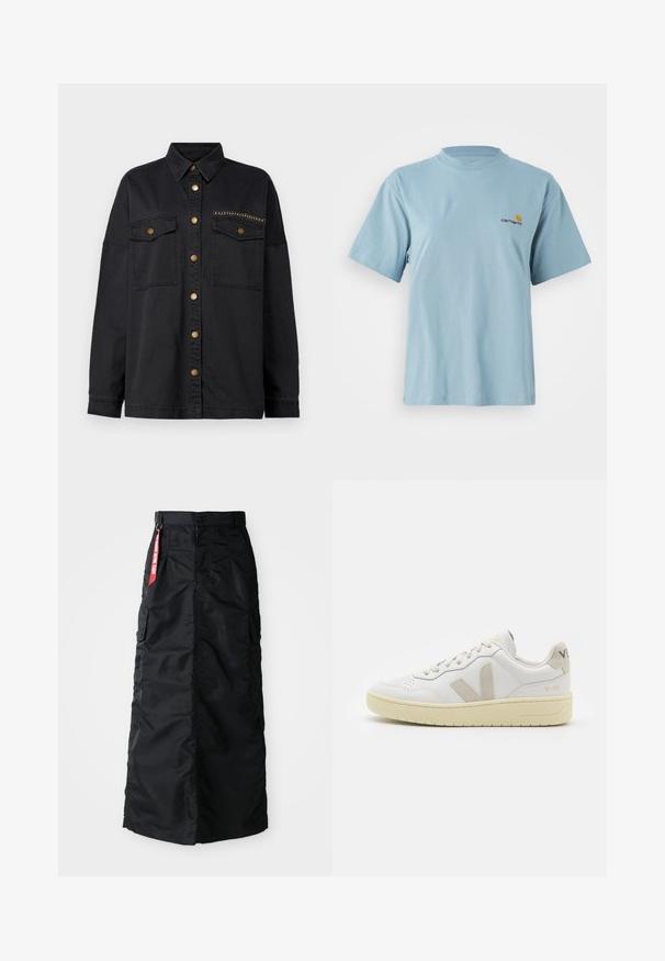 Mustmust riiet, mis on valmistatud denimist, musta värvi, nupuga esiosa, kahe rinna tasku ja messingist detailid taskutel ja nuppudel.; Hele sinine lühikeste varrukatega puuvillane T-särk ümmarguse kaelusega ja vasakul rinnal väike kollane ja punane Carhartti logo.; Must muströöm muströöm koos esise nupu ja tõmblukuga, külgmiste cargo-kottidega ning punase "Eemalda enne lendu" kangast sildiga vöökohtadel.; Valge nahast tenniseking, millel on beežist siidist aktsent ja aukudega varvas, lame paelad ja tekstureeritud koorevärvi tallad. Omab nüansirikast brändimist kannal.