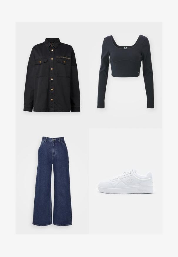 Svart skjortejakke laget av denim, med knapp foran, to brystlommer og messingdetaljer på lommene og knappene.; Svart langermet cropped topp i ribbet tekstur, med bred scoop-hals og figursydd silhuett, med en subtil merkevarelogo.; Bredde ben denim jeans i mørkeblå, med høy midje, frontlommer og glidelås med metallknapp. Glatt tekstur og klassisk design.; Hvit sneakers laget av glatt syntetisk materiale, med rund tå, flat såle og subtile logoaksenter på sidene. Klassisk lavt design.