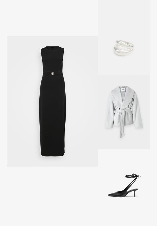 Sivý prehozový kabát s veľkým golierom, dlhými rukávmi a opaskom na páse; vyrobený z jemnej, štruktúrovanej látky.; Čierne bezrukávové maxi šaty s priliehavým siluetou, hladkou textúrou a charakteristickým prackovým detailom v oblasti pása.; Čierne kožené stiletto topánky s špicatou špičkou, otvorenou zadnou časťou a remienkami na členku viazanými do mašle. Úzky 3-palcový opätok. Hladká textura, minimalistický dizajn.; Čierna kožená crossbody taška s hladkou textúrou, obdĺžnikovým tvarom a kovovým reťazovým detailom na prednej strane. Súčasťou je nastaviteľný popruh.; Strieborný prsteň s dvojitým pásikom s hladkým, lesklým povrchom. Má plynulý, zakrivený dizajn s prekryvajúcimi sa časťami pre moderný vzhľad.