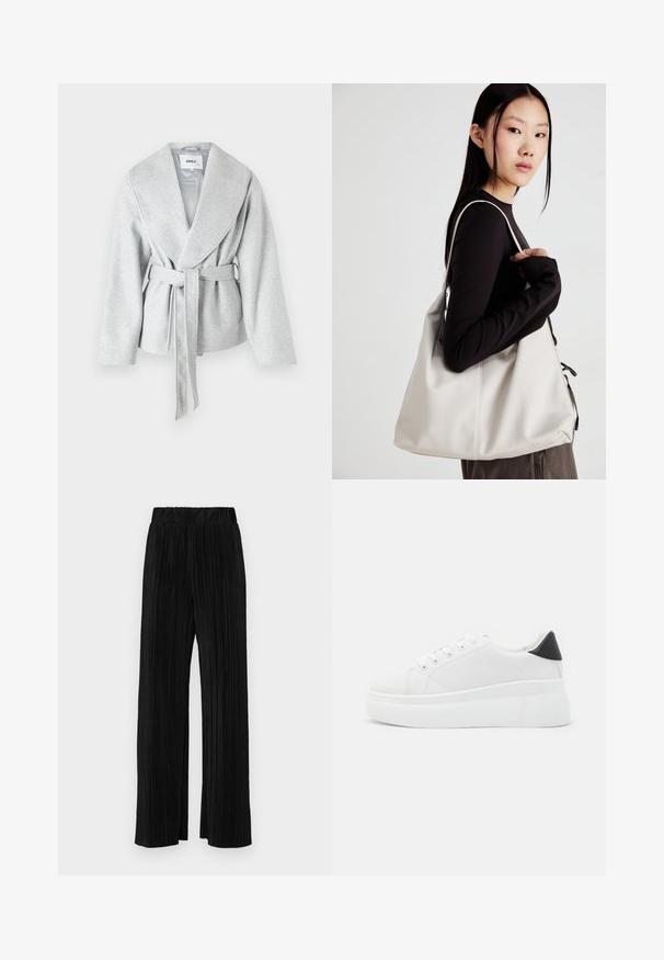 Hallide halliga mantel suure kraega, pikad varrukad ja vöökohale seotud rihm; valmistatud pehmest ja tekstureeritud kangast.; Lühike valge T-särk, mis on valmistatud puuvillast, lühikeste varrukatega, ümmarguse kaelusega ja sirge lõikega, omades sileda tekstuuri ja minimaalset disaini.; Mustad pleekitud püksid elastse vöökohtaga. Omavad laiad jalad ja sujuvat, tekstureeritud kangast vertikaalsete triipudega.; Valged platvormsneakerid, mis on valmistatud siledast sünteetilisest materjalist, ovaalse toe, paelkinnise disaini ja tekstuurse kummitaldiga. Must kontsrihm.; Bež käekott pehme materjali, millel on lõtv disain, õmblustega detailid ja kaks õlarihma. Sobib igapäevaseks kasutamiseks.