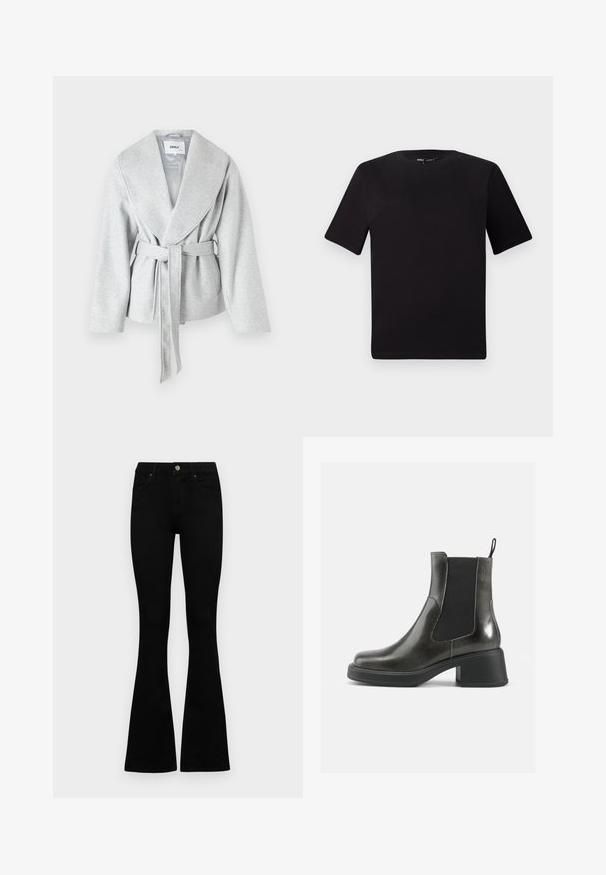 Cápsula cinza com um grande colarinho, mangas longas e um cinto atado na cintura; feita de um tecido suave e texturizado.; T-shirt preta de mangas curtas com decote redondo, feita de tecido de algodão suave. Design simples, sem logótipos ou padrões visíveis.; Jeans pretos de cintura alta com fecho de botão e zíper, bolsos frontais e pernas largas dispostos em cima de um fundo branco.; Botas de tornozelo em couro negro com um acabamento liso, painéis laterais elásticos e um salto robusto. Apresentam uma alça na parte de trás para facilitar o calçar.