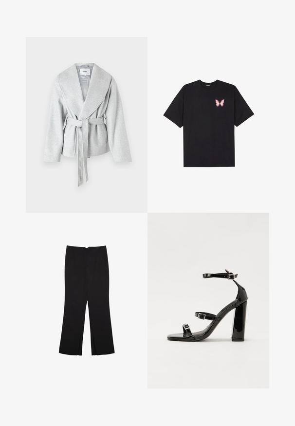 Grauer Wickelmantel mit großem Revers, langen Ärmeln und einem Bindegürtel in der Taille; aus einem weichen, strukturierten Stoff gefertigt.; Schwarzes Baumwoll-T-Shirt mit kurzen Ärmeln, das ein kleines pinkes Schmetterlingsmotiv auf der linken Brust zeigt. Crewneck-Design mit einem entspannten Schnitt.; Schwarze Hose mit geradem Schnitt, ausgestattet mit Fronttaschen und Seitenschlitzen am Saum. Hergestellt aus weichem, glattem Stoff. Geeignet für verschiedene Anlässe.; Schwarze patentierte Sandalen mit Absatz, quadratischer Spitze, Knöchelriemen und silbernen Schnallen. Mit einem stabilen Blockabsatz für mehr Stabilität.