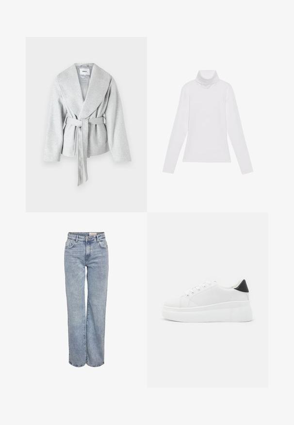 Abrigo gris con gran solapa, mangas largas y un cinturón atado en la cintura; hecho de un tejido suave y texturizado.; Top blanco de manga larga y cuello alto, confeccionado en una tela suave y elástica. Presenta un diseño ajustado, sin patrones o adornos visibles.; Jeans de pernera ancha en azul claro, elaborados en denim, con cintura alta, diseño de cinco bolsillos y un ligero desvanecimiento que les da un aspecto usado.; Zapatillas de plataforma blancas hechas de material sintético suave, con punta redondeada, diseño de cordones y suela de goma texturizada. Acento en el talón negro.