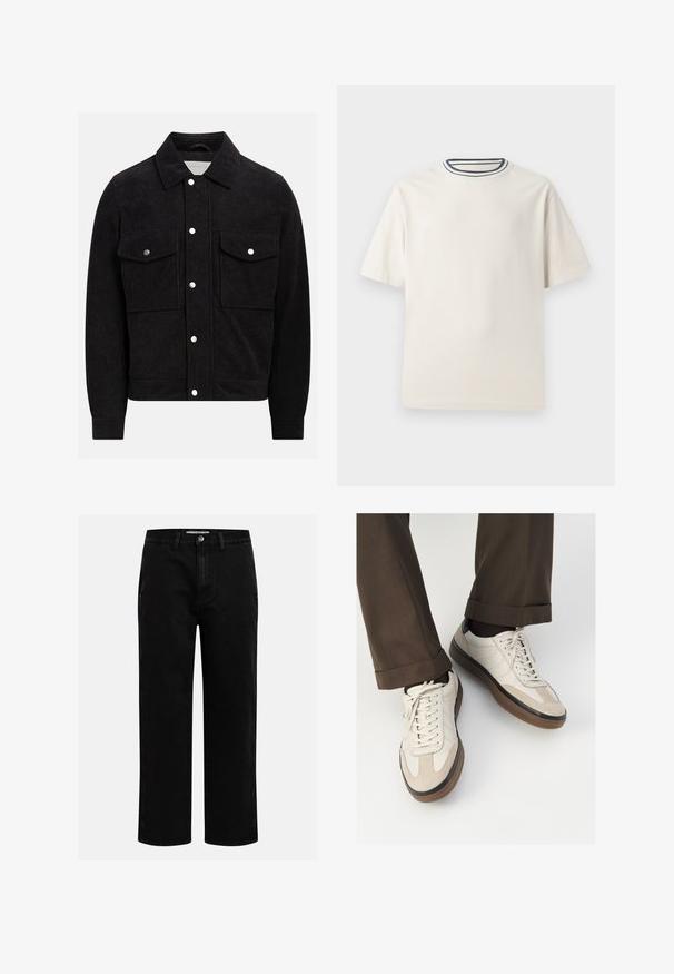 Zwart corduroyjack met een puntige kraag, twee knoopzakken op de borst en drukknoopsluitingen aan de voorkant en bij de manchetten. Getextureerde stof.; Crème-kleurige katoenen t-shirt met korte mouwen, met een ronde halslijn die is accentueerd met marineblauwe en witte strepen. Soepele textuur, ontspannen pasvorm.; Zwarte denim broeken met een rechte pijp, klassieke vijf-pocket structuur en een knoopsluiting in de taille. Glad materiaal en duurzame stof.; Beige sneakers met een leren voorkant van textuur-suède, gladde leren zijkanten en een bruine rubberen zool. Veters en lichte stikseldetails inbegrepen.