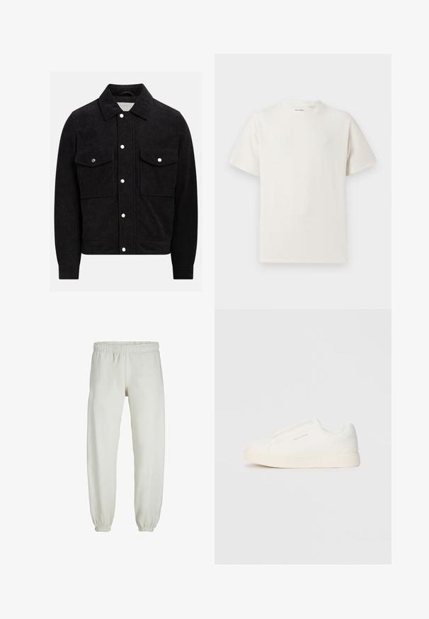 Zwart corduroyjack met een puntige kraag, twee knoopzakken op de borst en drukknoopsluitingen aan de voorkant en bij de manchetten. Getextureerde stof.; Witte korte mouwen T-shirt met ribbelstructuur. Ronde hals, ontspannen pasvorm, geen zichtbare patronen of accenten. Eenvoudig en veelzijdig ontwerp.; Witte sweatpants gemaakt van zachte stof, met een elastische tailleband en boorden, een gladde textuur en een losvallend ontwerp.; Witte instap sneakers met een gestructureerd oppervlak, een dikke zool en een minimalistisch ontwerp. Bevat het merklogo aan de zijkant.