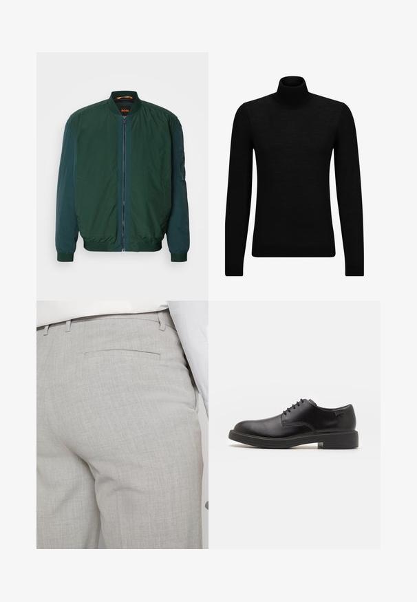Zelená bomber bunda s predným zipsom, ribbovanými manžetami a mäkkou textúrou. Obsahuje bočné vrecká a kontrastnú podšívku.; Čierny rolák vyrobený z jemného materiálu, s dlhými rukávmi a tesným strihom. Hranatý lem a manžety s ribbed úpravou. Jednoduchý dizajn.; Svetlosivé nohavice na mieru vyrobené zo štruktúrovanej látky, s jedným zadným vreckom a čistým prešívaním.; Čierne kožené šnurovacie topánky s okrúhlou špičkou, hladkým povrchom, minimálnym prešívaním a nízkym gumovým podpätkom. Logo na podpätku.