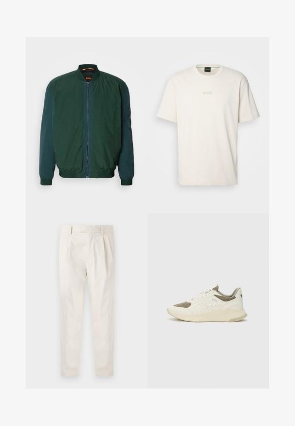 Zöld bomber dzseki, cipzárral elöl, bordás mandzsettákkal és puha tapintással. Oldalsó zsebekkel és kontrasztos belső béléssel rendelkezik.; BOSS TEE - Basic póló - open white; Fehér, pliszírozott nadrág, testre szabott szabással, sima felülettel, övhurkokkal és karcsú lábszárral. Nincs látható zseb vagy minta.; Fehér és világos bézs sportcipő, légies hálós felsőrésszel, perforált részletekkel és texturált középtalppal, amelyen a saroknál a márka logója található.
