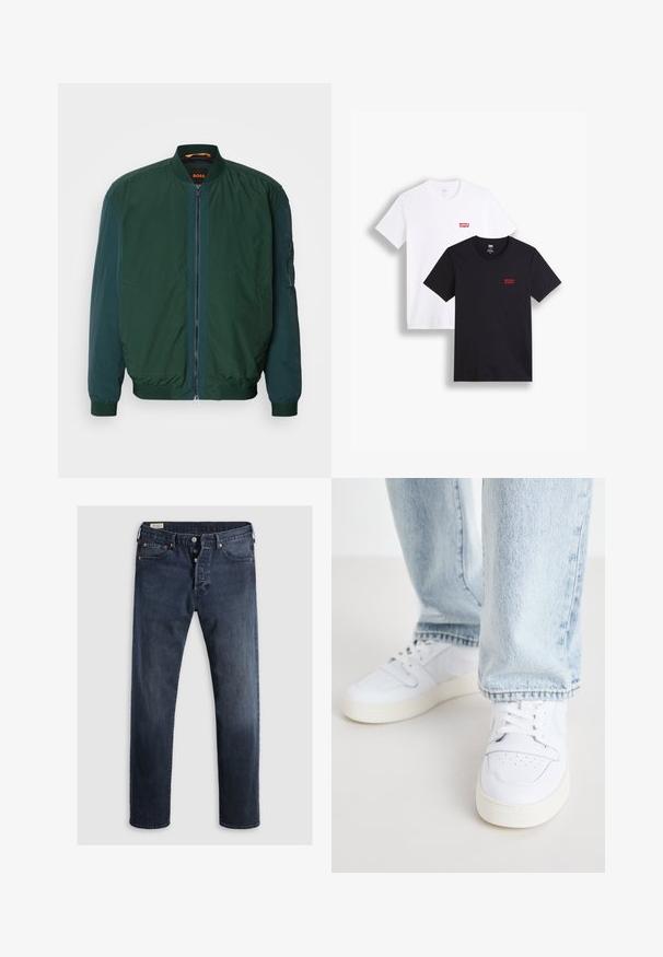 Zöld bomber dzseki, cipzárral elöl, bordás mandzsettákkal és puha tapintással. Oldalsó zsebekkel és kontrasztos belső béléssel rendelkezik.; Két rövid ujjú póló: az egyik fehér, a másik fekete. Mindkettő pamutból készült, a mellkason piros Levi's logóval. Egyszerű, környakú kialakítás.; Sötétkék farmernadrág, egyenes szárú kivitelben, cipzáras, fémből készült gombokkal és réz szegecsek díszítéssel. Simas textura, látható minták nélkül.; Fehér bőr alacsony szárú sportcipők perforált orral, lapos fűzőkkel és minimalista kialakítással. Világoskék farmernadrággal párosítva.