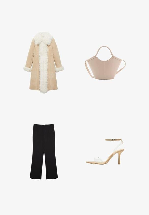 Mango PENYLANE - Zimný kabát - beige; Čierny bezrukávový crop top vyrobený z hladkej tkaniny, so zaobleným výstrihom a čistým, jednoduchým dizajnom bez vzorov alebo kovania.; Čierne nohavice so strihom rovného strihu, s prednými vreckami a bočnými rozparkami na leme. Vyrobené z mäkkej, hladkej tkaniny. Vhodné na rôzne príležitosti.; Priehľadné sandále na vysokom podpätku s transparentným zvrškom, béžovou stielkou a štíhlym remienkom na členku. Majú špicatú špičku a tenký vysoký podpätok.; Béžová kožená kabelka s unikátnym tvarom, vybavená dvoma krátkymi uchami a jedným dlhým nastaviteľným popruhom. Hladký povrch s minimálnym kovovým príslušenstvom.