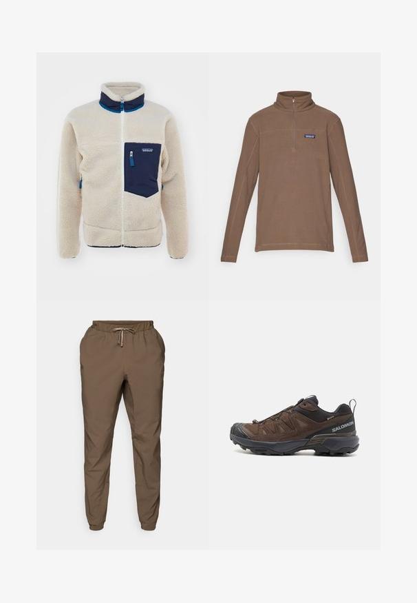 Beige fleecejacka med marinblå detaljer, full dragkedja framtill, hög krage och en bröstficka till vänster. Har strukturerad tyg och blå accentdragkedjor.; Brun fleecetröja med dragkedja vid halsen, långa ärmar och en figurnära krage. Har ett litet logomärke på vänster bröst.; Bruna joggers med elastisk midja och dragsko, med avsmalnande ben och subtil lyster, tillverkade av lätt och slätt material.; Brun vandringsskor med överdel i mesh och mocka, svarta accenter, texturerad sula och elastiskt snörningssystem för en säker passform. Har logotyp på sidan.
