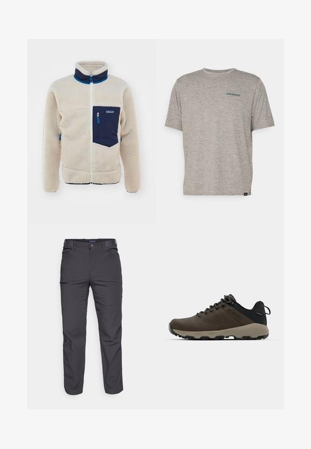 Beżowa fleece'owa kurtka z granatowymi detalami, z pełnym zapięciem z przodu, wysokim kołnierzem i kieszenią na lewej piersi. Posiada teksturowany materiał oraz niebieskie akcenty na suwakach.; Szara koszulka z krótkim rękawem, uszyta z miękkiego, teksturowanego materiału, z małym niebieskim logo Patagonia na lewej piersi. Bez dodatkowych wzorów.; Ciemnoszare spodnie wykonane z trwałej tkaniny, z zamkniętą kieszenią, prostym krojem i szlufkami na pasek, umożliwiającymi regulację dopasowania.; Brązowe wodoodporne trampki z teksturowaną cholewką, perforowanymi akcentami, czarnym wsparciem pięty i szarym gumowym podeszwy. Sznurówki ozdobione metalowymi końcówkami.