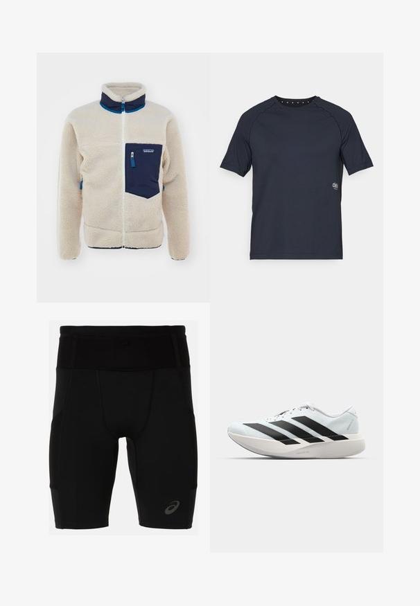 Beige fleecejakke med marineblå detaljer, fuld frontlynt, høj krave og en venstre brystlomme. Har tekstureret stof og blå accentlynlåse.; Mørkeblå kortærmet t-shirt lavet af letvægtsstof, med rund halsudskæring og små øjeletsdetaljer på ryggen samt logo på forsiden.; Sorte atletiske shorts med en tætsiddende design, lavet af glat materiale. Har en høj talje og et lille logo på den nederste venstre ben.; Letvægtige løbesko i lys blå med sorte striber. Har en glat overdel, rund tå og tyk hvid mellemsål mærket "LIGHTSTRIKE PRO."