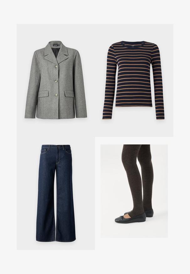 Grå herringbone-blazer med slagkrage, treknappstängning, två framfickor och en strukturerad passform. Slät tyg och skräddarsydd design.; Mörkblå långärmad skjorta med bruna horisontella ränder och rund halsringning, uppställd mot en vit bakgrund.; Breda jeans i mörkblå denim. Har kontrastsömmar, fem fickor och en knappstängning vid midjan. Slät textur.; Svarta platta skor med en liten rosett vid tån, i kombination med mörkbruna ribbade strumpbyxor. Skorna har en slät yta och låg profil.