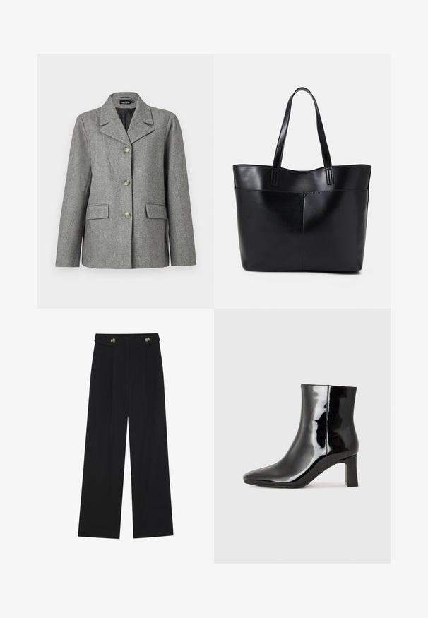 Blazer grigio a zigzag con colletto a rever, chiusura a tre bottoni, due tasche frontali e vestibilità strutturata. Tessuto liscio e design su misura.; T-shirt bianco a maniche corte realizzato in morbido cotone. Presenta un collo rotondo e una vestibilità comoda. Design pulito senza modelli o dettagli visibili.; Pantaloni neri a gamba larga con vita alta, dettagli con bottoni in vita e pieghe frontali.; Stivaletto in pelle verniciata nera con punta a punta e tacco a blocco di altezza media. Texture liscia e design minimalista.; Borsa a tracolla in pelle nera con due manici lunghi, una texture liscia e una forma strutturata. Presenta una tasca frontale per ulteriore spazio di archiviazione.