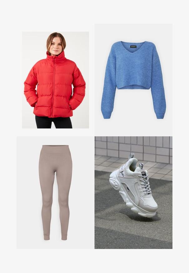 Punainen pufftakki korkealla kauluksella, vaakasuoralla ompeleella, vetoketjulla ja sivutaskuilla. Valmistettu sileästä, kevyestä kankaasta.; Sininen lyhyt neulepaita, jossa V-pääntie, ribattua pintakuviointia ja pitkät hihat. Valmistettu pehmeästä materiaalista. Merkki: even&odd.; Ribbed leggings in a soft taupe color, featuring a high waistband, slim fit, and tapered ankles. Made from a textured, stretchable fabric.; Valkoiset tennarit, joissa on verkko- ja nahkamateriaaleja, pyöreä kärki, paksu pohja, erottuvat nauhat sekä brändäys kantapäässä ja kielessä.