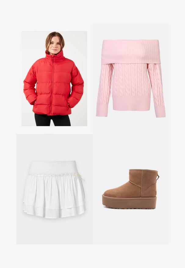 Rød puffjakke med høj krave, vandret søm, lynlås og sidelommer. Fremstillet af glat, letvægtsstof.; Off-the-shoulder lyserød sweater med ribbet halsudskæring, kabelstrik mønster og lange ærmer. Blød tekstur og cropped pasform.; Hvid tiered nederdel med elastisk talje, der har en tekstureret smocking-detalje og en dekorativ båndaccent. Lavet af bomuldsstof.; Tan ruskinds ankelstøvle med platformssål, rund tå og syninger; har en løkke bagpå for nem påtagning.