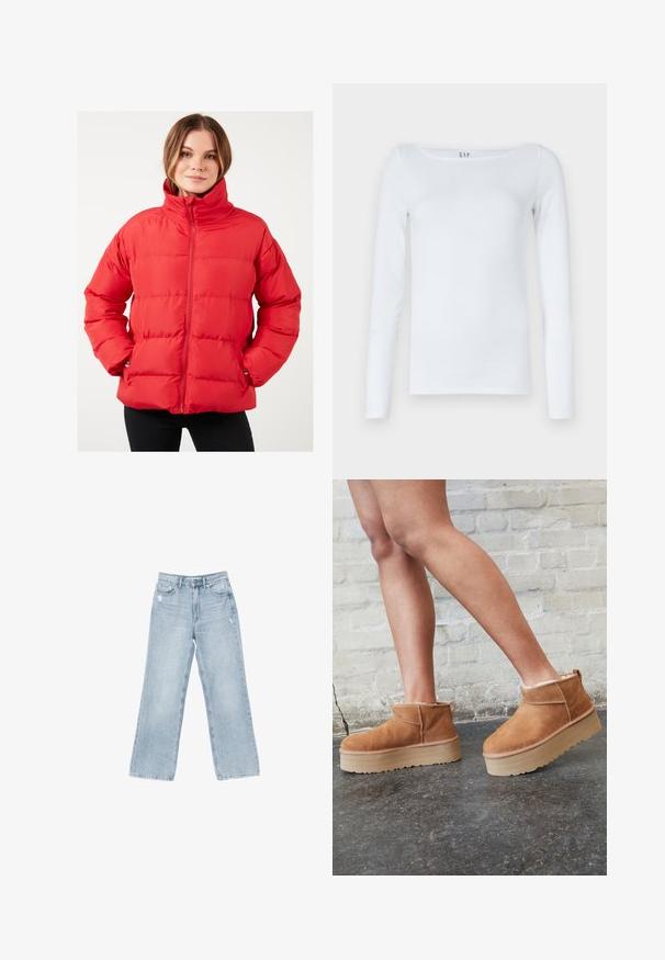 Crvena puffer jakna s visokim ovratnikom, horizontalnim šavovima, zatvaranjem na patentni zatvarač i bočnim džepovima. Izrađena od glatkoga, laganog materijala.; Bijela košulja dugih rukava od pamučne mješavine, s okruglim izrezom i uskim krojem. Nema vidljivih uzoraka ili akcenta.; Svijetlo plave traperice širokog kroja, s istrošenim detaljima, dizajnom s pet džepova i zatvaranjem na munju.; Smeđi antilop čizmi do gležnja s mekanim postavljanjem, debljim bež platformski potplat i stražnjim povlačnim trakama. Teksturirana površina s vidljivim šavovima.