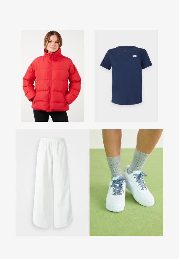 Rdeča napihnjena jakna z visokim ovratnikom, horizontalnim šivanjem, zadrgo in stranskimi žepi. Narejena iz gladkega, lahkega materiala.; Mornarsko modra bombažna majica s kratkimi rokavi in krojnim izrezom, z belim Nike logotipom na levi strani prsnega predela. Gladka tekstura, preprost dizajn.; Bela športna hlače širokega kroja z rebrastim pasom in diskretno logotipno podrobnostjo. Gladek material z sproščenim krojem in zoženim robom.; Bela usnjena športna obutev z modrimi poudarki, perforiranim dizajnom na prstih in teksturiranimi modro-belimi vezalkami, obuta z sivimi rebrastimi nogavicami.