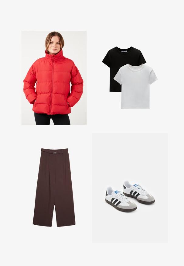 Červená puferová bunda s vysokým golierom, horizontálnym prešívaním, zipsom a bočnými vreckami. Vyrobená z hladkej, ľahkej tkaniny.; Dvoje tričiek s okrúhlym výstrihom, jedna čierna a jedna biela, vyrobené z bavlny. Majú krátke rukávy a jednoduchý dizajn bez vzorov alebo akcentov.; Stradivarius WIDE-LEG WITH BUCKLE DETAIL - Nohavice - dark brown; Športové topánky s bielym koženým zvrškom, šedou semišovou špičkou a tromi čiernymi pruhmi. Obsahujú modré logo na jazyku a štruktúrovanú gumovú podrážku.