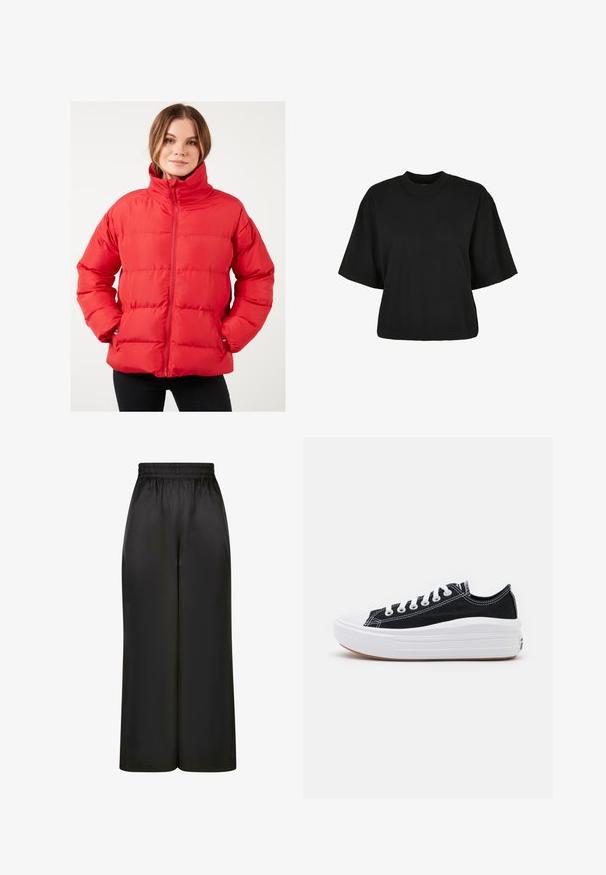 Rød puffjakke med høj krave, vandret søm, lynlås og sidelommer. Fremstillet af glat, letvægtsstof.; Sort cropped t-shirt lavet af bomuld. Har korte ærmer og rund halsudskæring. Glat tekstur med et enkelt design, ingen ekstra mønstre.; Sorte brede bukser lavet af glat, skinnende stof med elastisk talje og uden synlige lommer eller hardwaredetaljer.; Sorte kanvas sneakers med hvide snørebånd, hvid gummitåhætte og en kraftig hvid mellemsål. Har diskret hvid syning og en gummisål.