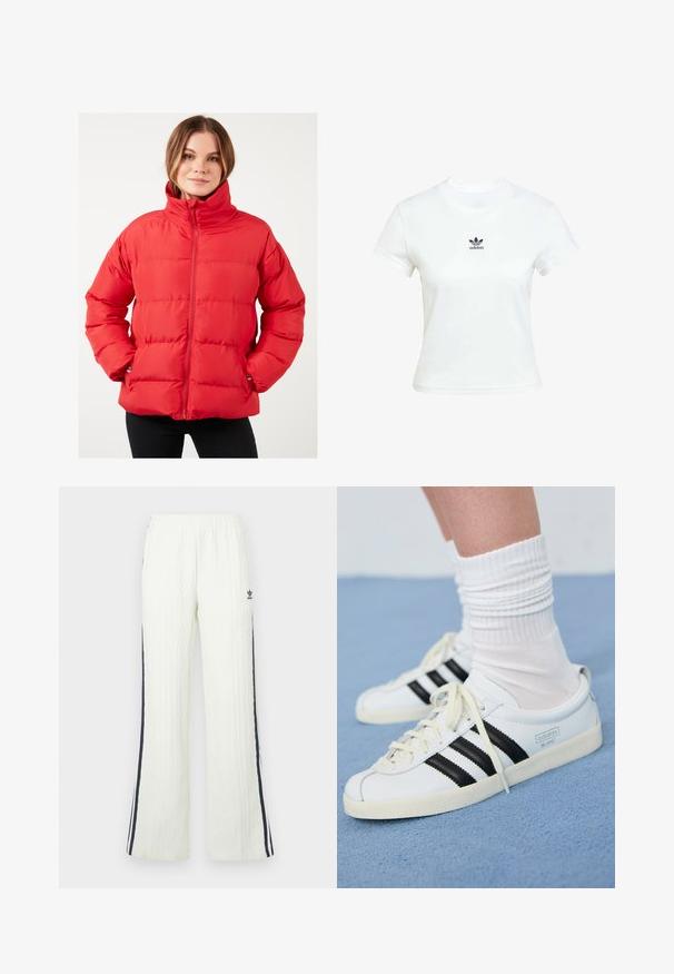 Rode pufferjack met een hoge kraag, horizontale stiksels, ritssluiting en zijzakken. Gemaakt van gladde, lichte stof.; Witte katoenen T-shirt met korte mouwen en een ronde hals. Voorzien van een zwart Adidas-logo op de borst. Eenvoudig, minimalistisch ontwerp.; Lichtcrèmekleurige, kabelgebreide broek met een uitlopende pasvorm. Voorzien van donkerblauwe zijstrepen en een Adidas-logo op de heup. Elastische tailleband.; Witte leren sneakers met zwarte strepen, crèmekleurige zool en lichtkleurige veters. Draag met witte geribbelde sokken, gepositioneerd op een blauwe achtergrond.