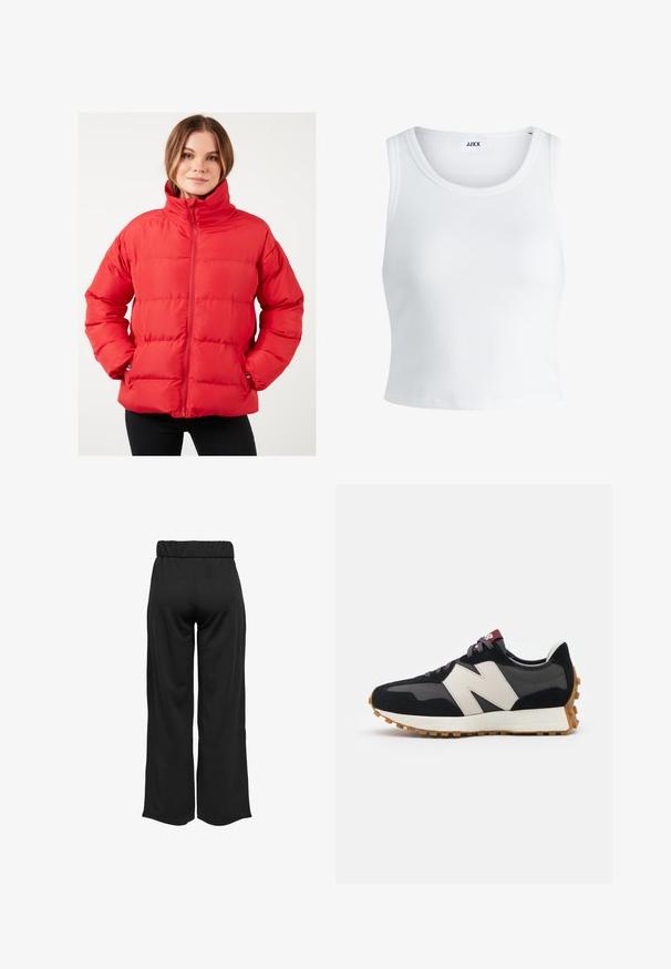 Rote Daunenjacke mit hohem Kragen, horizontaler Steppung, Reißverschluss und Seitentaschen. Hergestellt aus glattem, leichtem Stoff.; Weißes, geripptes Tanktop mit rundem Halsausschnitt, ärmellosem Design und kurzer Länge. Das Etikett trägt die Aufschrift "JJXX". Glatte Stoffstruktur.; Schwarze, weit geschnittene Hose mit elastischem Bund, aus glattem Stoff gefertigt. Hat ein cleanes Design ohne Taschen oder sichtbare Nähte.; Schwarze und graue Wildledersneaker mit einem großen cremefarbenen "N"-Logo, lila Schnürsenkeln und einer strukturierten Gummisohle.