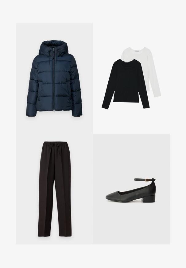 Mornarji modra pufasta jakna s kapuco, ki ima zadrgo, nastavljive vrvice in dve sprednji žepi. Gladka, prešita tekstura.; Dva dolga rokava, en črn in en bel, oba z kvadratnim izrezom in narejena iz mehkega, raztegljivega materiala.; Črne široke hlače z elastičnim pasom in nastavljivim vrvico. Narejene iz gladkega, lahkega materiala brez vidnih vzorcev.; Črne usnjene pumpice z nazobčanimi prsti in nizko blokasto peto. Imajo trak okoli gležnja z zaponko v zlatem tonu. Gladka tekstura.