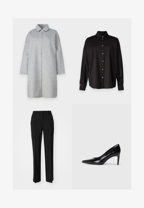 Cappotto grigio in lana con colletto, chiusura lampo a tutta lunghezza e maniche lunghe. Tessuto morbido e lunghezza sotto il ginocchio. Design minimalista senza decorazioni.; DRYKORN LYSILA - Camicia - black; Pantaloni neri su misura con un design a gamba dritta, caratterizzati da una texture liscia e pieghe ben definite sul davanti. Senza hardware visibile.; Scarpa con tacco alto in pelle nera, con punta affusolata, texture liscia e tacco rastremato. Design minimalista, senza ulteriori decorazioni.