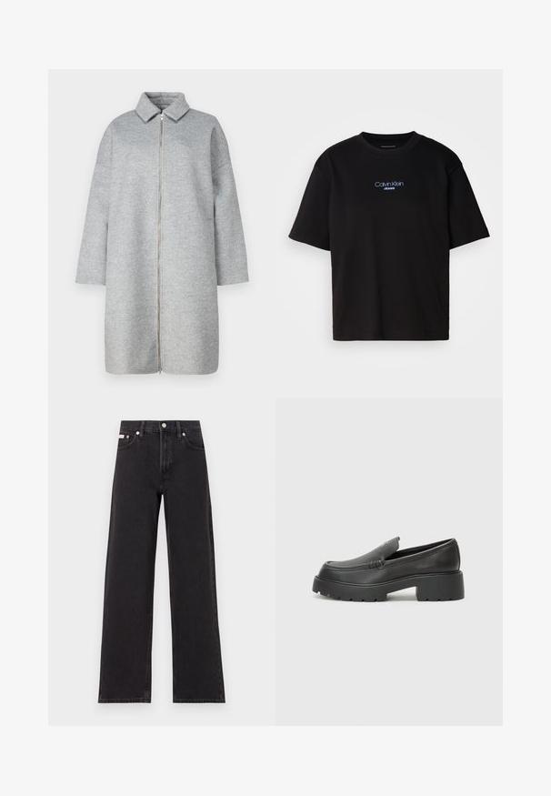 Cappotto grigio in lana con colletto, chiusura lampo a tutta lunghezza e maniche lunghe. Tessuto morbido e lunghezza sotto il ginocchio. Design minimalista senza decorazioni.; T-shirt nera in cotone con colletto rotondo, maniche corte e logo ricamato blu "Calvin Klein JEANS" sul davanti.; Jeans neri a gamba larga in denim, con vita alta, styling a cinque tasche e chiusura con bottone metallico e cuciture a contrasto.; Mocassini in pelle nera con punta arrotondata, suola spessa e testurizzata, e minime cuciture. Design elegante senza lacci o parti metalliche visibili.