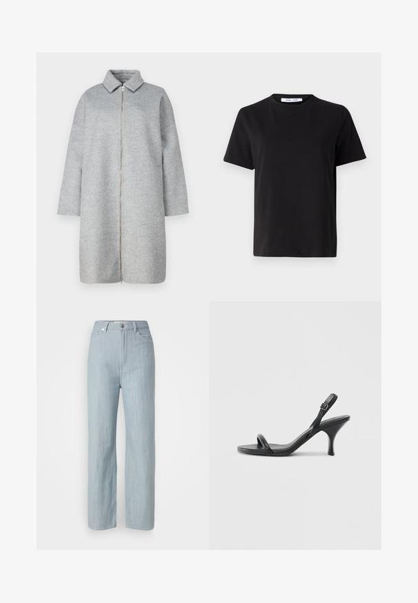 Gray wool coat with a collar, full-length zipper, and long sleeves. Soft texture and below-knee length. Minimalist design with no embellishments.; Black short-sleeve t-shirt made of soft cotton, featuring a round neckline, relaxed fit, and a smooth texture. No visible patterns or graphics.; Light blue straight-leg jeans made of denim. Features five pockets, a metal button closure, and subtle whiskering for texture.; Black leather high-heeled sandals with a slim, curved heel and a crossed strap design. Adjustable ankle strap. Smooth texture.