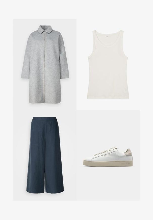 Grijze wollen jas met een kraag, volledige ritssluiting en lange mouwen. Zachte textuur en lengte tot onder de knie. Minimalistisch ontwerp zonder versieringen.; Witte katoenen tanktop met een brede halslijn en dunne schouderbandjes. Gladde textuur zonder zichtbare patronen of versieringen.; Wijd-uitlopende broek in marineblauw, gemaakt van lichtgewicht stof. Heeft een licht getextureerd oppervlak, een elastische tailleband en voornaadse stiksels.; Witte leren sneaker met een glanzende afwerking, beige suède accenten, ronde neus, platte vetersluiting en een getextureerde rubberen zool.