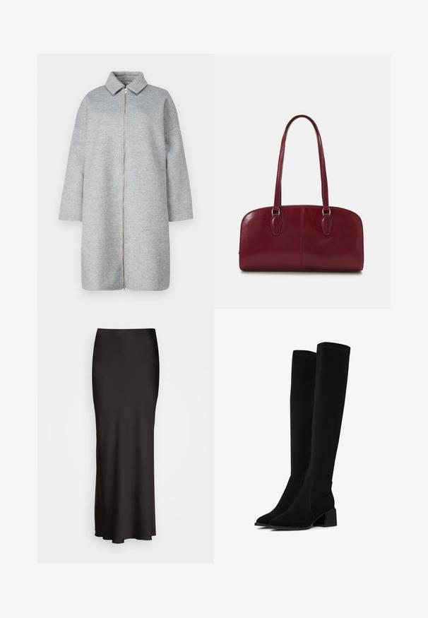 Šedý vlněný kabát s límcem, zipem po celé délce a dlouhými rukávy. Měkká struktura a délka pod kolena. Minimalistický design bez ozdob.; Černý žebrovaný top bez rukávů s kulatým výstřihem a vyšívaným logem v bílé barvě. Materiál má hladkou texturu a těsný střih.; Černá, dlouhá saténová sukně s hladkou texturou, úzkým pasem a A-liniovým střihem, bez viditelných ozdob nebo vzorů.; Černé vysoké kozačky vyrobené z měkkého, strukturovaného materiálu. Mají blokový podpatek, špičatou špičku a viditelné švy.; Zign LEATHER - Kabelka - dark red