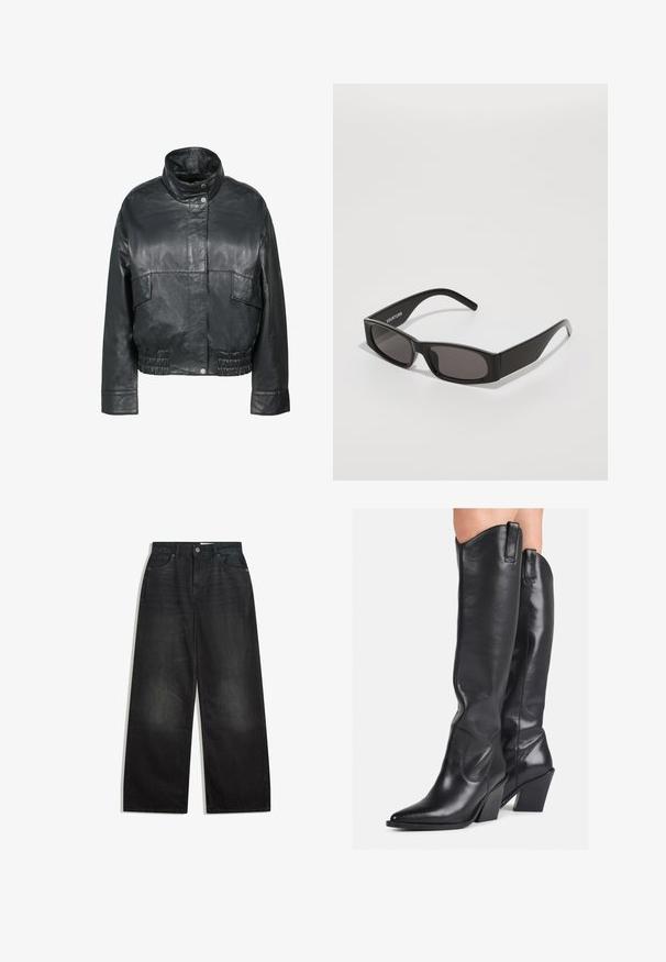 Freaky Nation BESSI - Kožená bunda - black; Bílý pletený svetr s dlouhým rukávem, kulatým výstřihem a mírně zkráceným lemem, vystavený na bílém pozadí.; Černé džíny s širokými nohavicemi a vysokým pasem, které mají pět kapes a zipový zip. Materiál má hladkou texturu a jemné vyblednutí.; Černé kožené vysoké boty po kolena s špičatou špičkou, zakřiveným svrškem a robustním podpatkem. Mají hladkou texturu a poutka na vrchu.; Černé obdélníkové sluneční brýle s tmavými skly, hladkým plastovým rámem a diskrétním logem na levém rameni. Minimalistický design.; Taška přes rameno v tygřím pruhu, se světle béžovým podkladem a černými pruhy, hladkým povrchem a černými akcenty. Součástí je nastavitelné ucho.