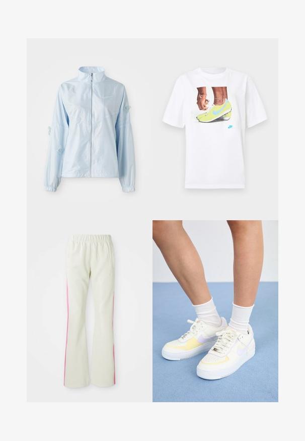 Light blue zip-up jacket with high collar, elastic cuffs, delicate butterfly embroidery on sleeves, and small Nike logo on chest.; White cotton t-shirt featuring a graphic of feet in yellow Nike cleats with blue accents, paired with a bracelet on the left wrist.; Light beige pants with an elastic waistband, featuring pink side panels and side pockets. Smooth texture with a straight-leg design.; White leather sneakers with yellow and lavender accents, round toe, flat laces, and textured rubber sole. Worn with white socks.