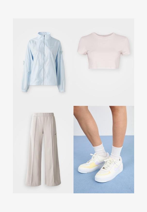 Chaqueta de cremallera azul claro con cuello alto, puños elásticos, delicada bordado de mariposa en las mangas y pequeño logo de Nike en el pecho.; Camiseta corta en rosa claro, hecha de tejido suave. Presenta un cuello redondo y mangas cortas con un pequeño logo blanco de Nike en el pecho.; Pantalones de pierna ancha en gris claro, confeccionados con una tela suave. Presentan una cinturilla elástica y el logotipo negro de Nike en el lado izquierdo.; Zapatillas de cuero blancas con acentos amarillos y lavanda, punta redonda, cordones planos y suela de goma texturizada. Llevadas con calcetines blancos.