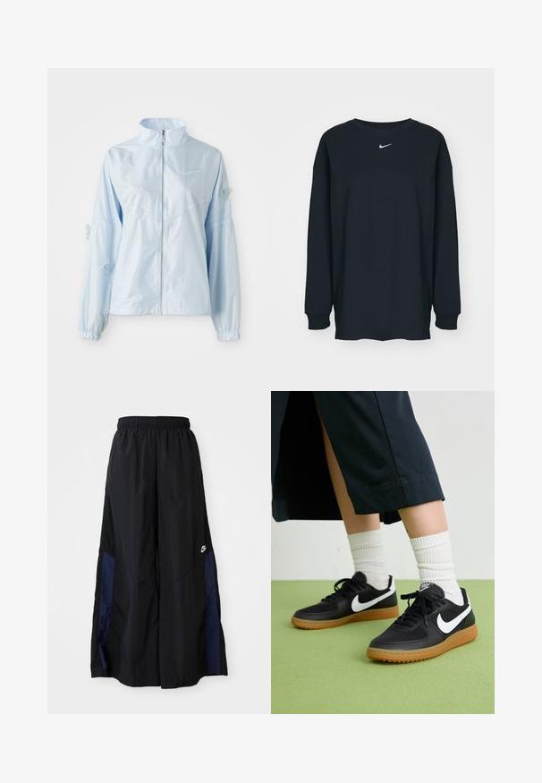 Casaco azul claro com fecho éclair, colarinho alto, punhos elásticos, delicada bordadura de borboleta nas mangas e pequeno logótipo da Nike no peito.; Camisola preta de mangas longas feita de algodão com decote redondo. Apresenta um logótipo branco da Nike no peito. Textura suave, design simples.; Calças largas pretas feitas de tecido leve, com um painel lateral azul-marinho e cintura elástica. Pequeno logótipo branco na parte inferior.; Sapatilhas pretas em couro e sintético com o logo da Nike em branco, sola de borracha tipo goma, bico redondo e atacadores pretos. Meias brancas com frunces visíveis.